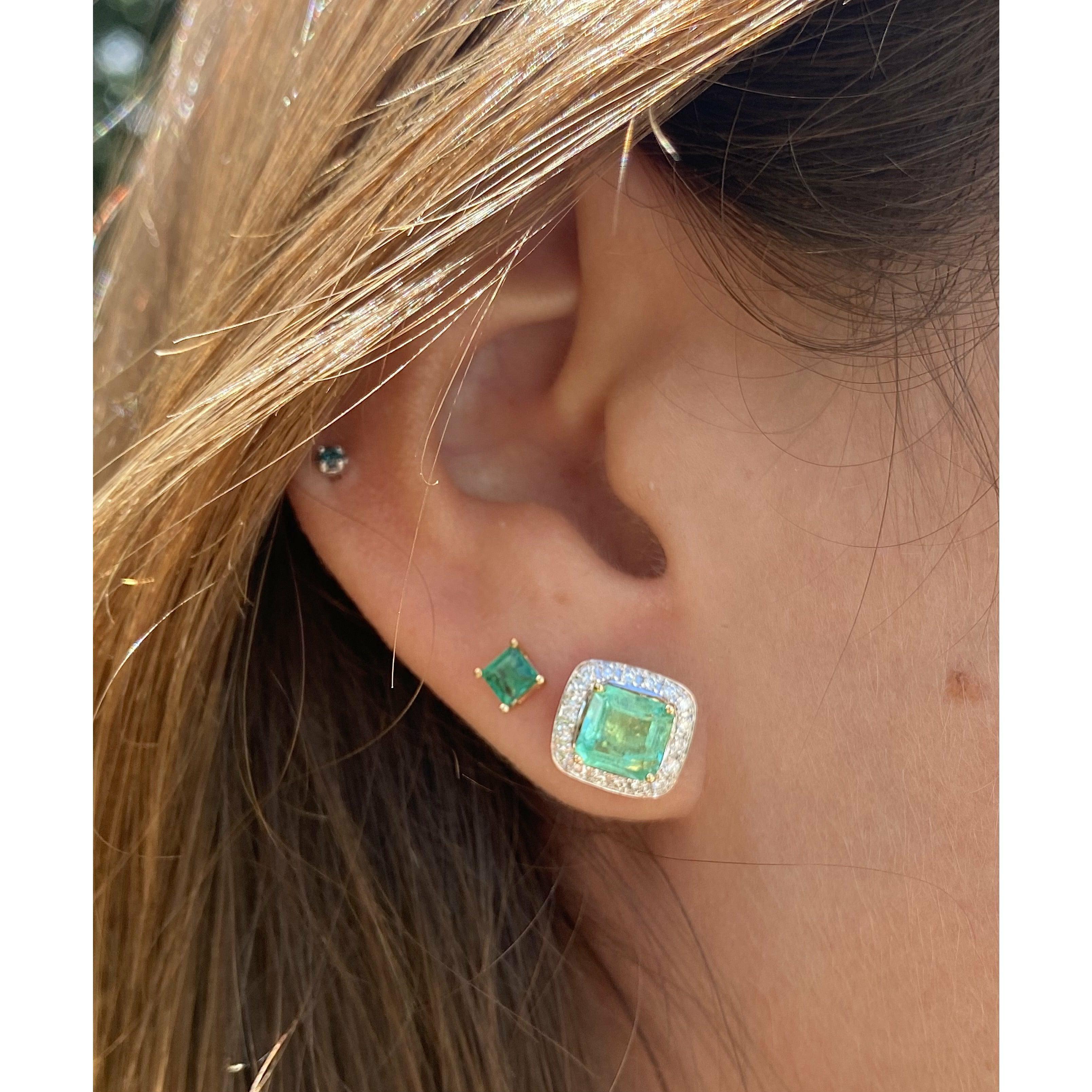 2.08 Carat Natural Emerald Stud Earrings with Diamond Halo in 18k Solid Gold - ASSAY