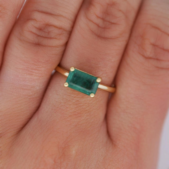 2.09 Carat East West Emerald Cut Green Emerald Solitaire 14K Gold Ring