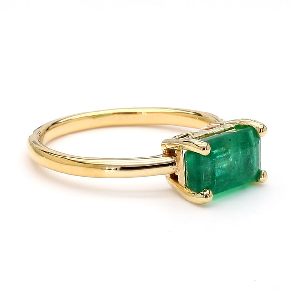 2.09 Carat East West Emerald Cut Green Emerald Solitaire 14K Gold Ring