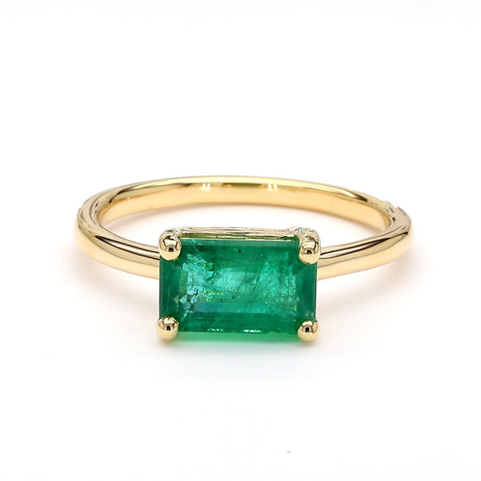 2.09 Carat East West Emerald Cut Green Emerald Solitaire 14K Gold Ring
