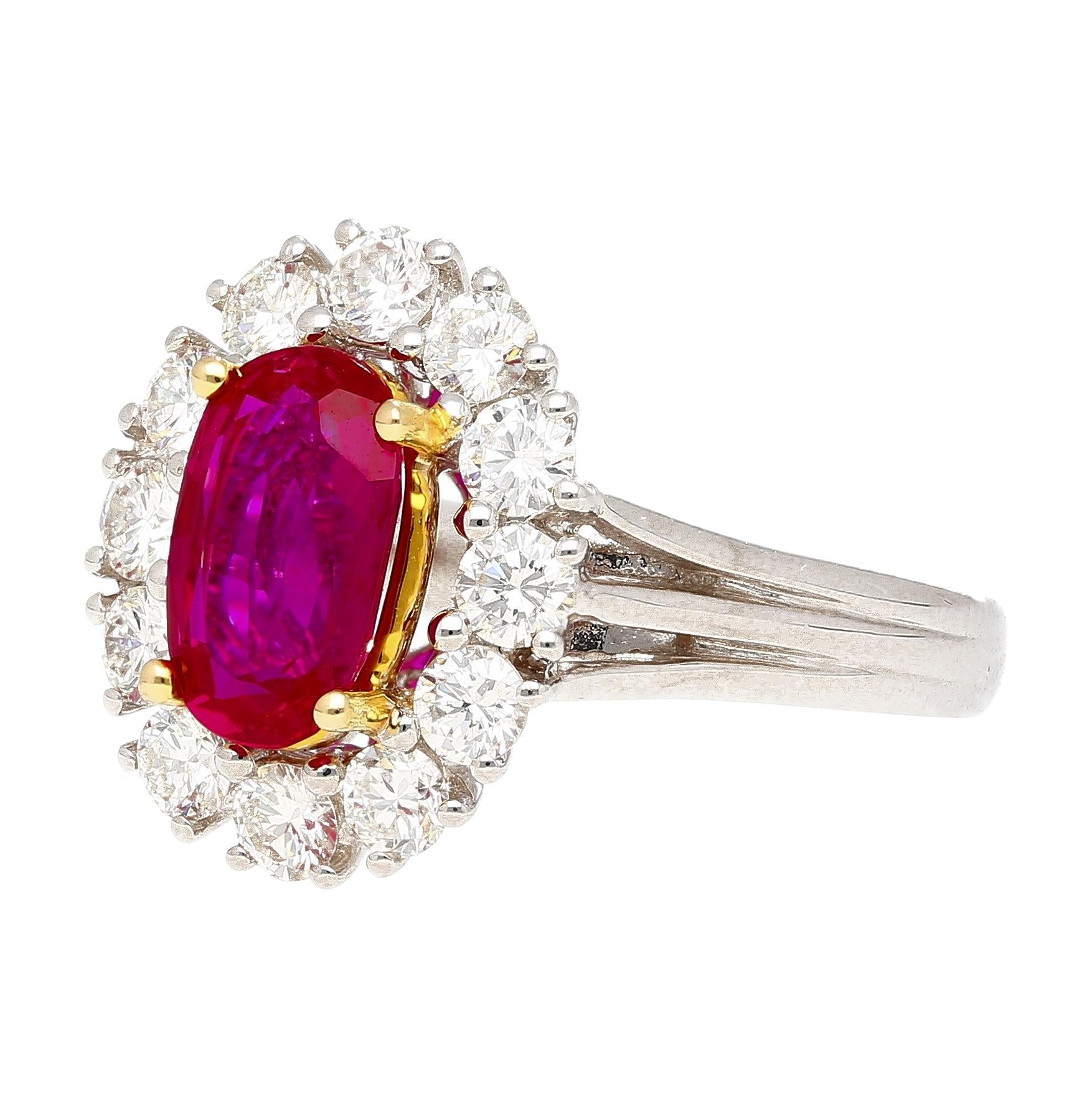 2.09 Carat Oval Cut No Heat Ruby & Diamond Halo Platinum Ring