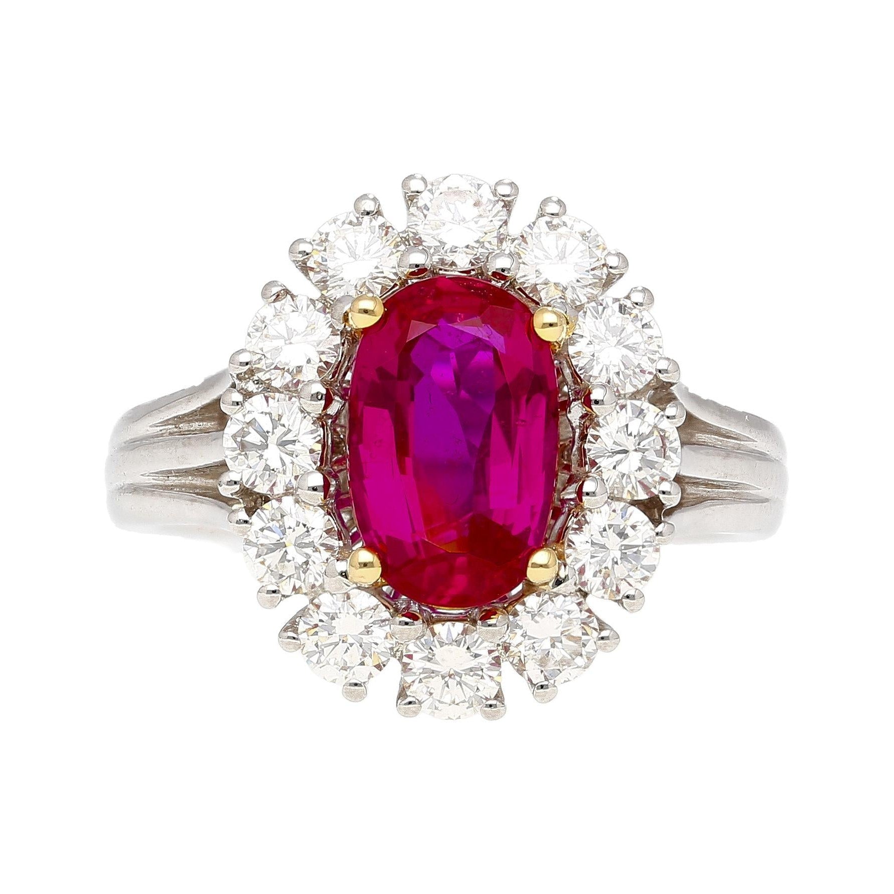 2.09 Carat Oval Cut No Heat Ruby & Diamond Halo Platinum Ring