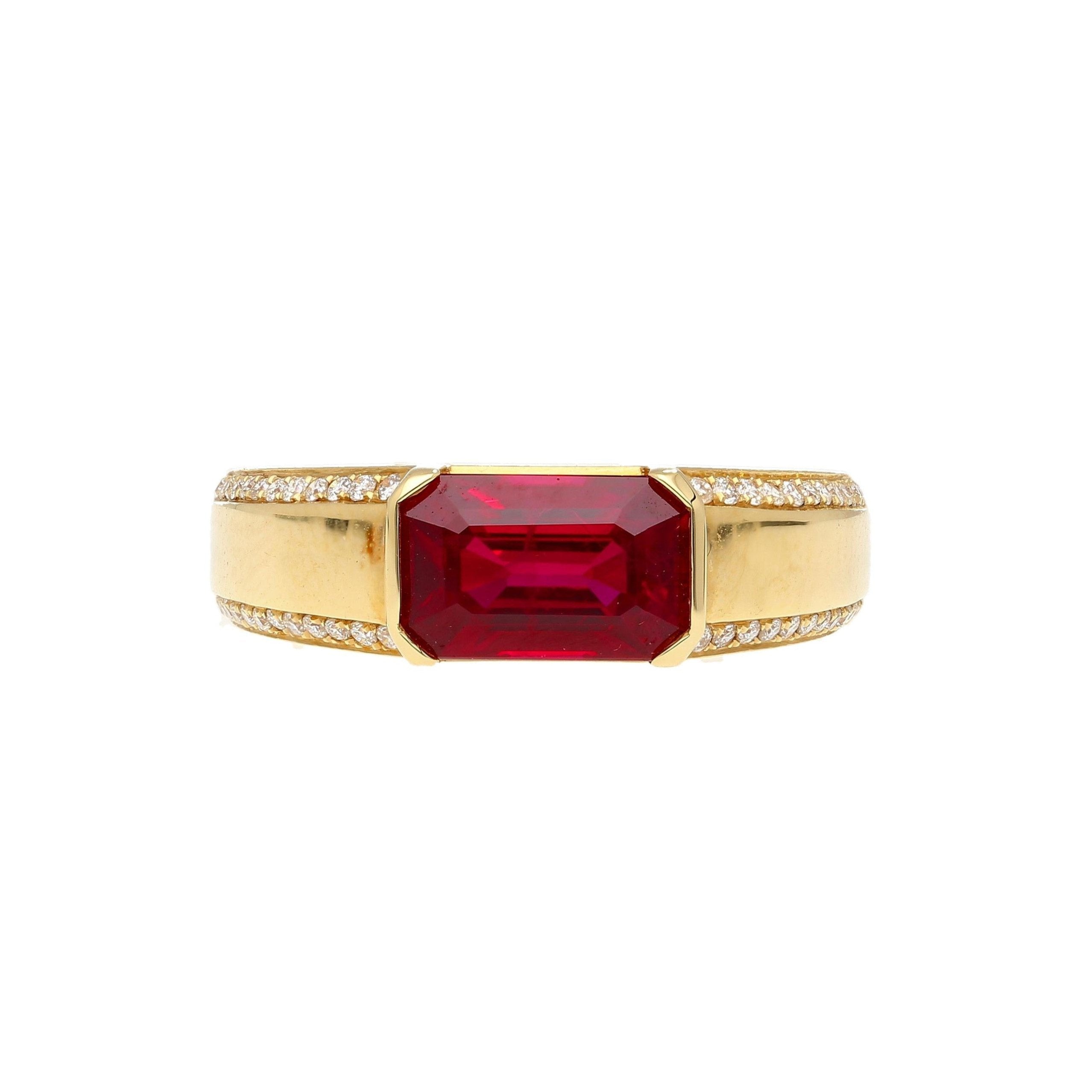 2.09 Carat Vivid Red Pigeon's Blood Burma Ruby Emerald Cut East-West Ring