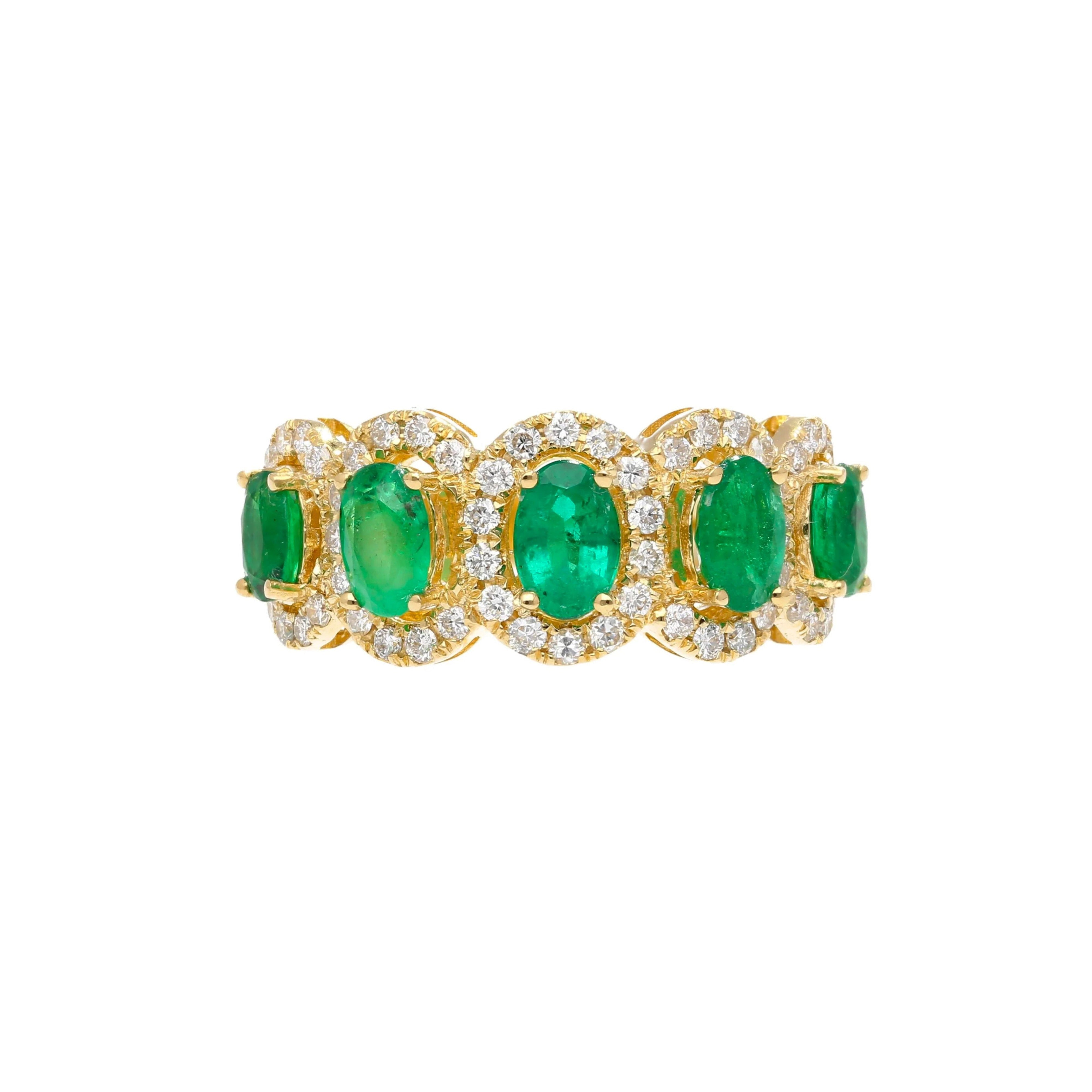 2.11 Carat Oval Cut Emerald and Diamond Wedding Band in 18K Gold