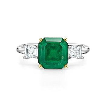 2.19 Carat Natural Emerald 3-Stone Ring with Baguette Diamond in 18K White Gold – Assay Jewelers