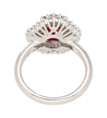 2.19 Carat Oval Cut Ruby and Baguette Diamond Halo Platinum Ballerina Ring