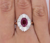 2.19 Carat Oval Cut Ruby and Baguette Diamond Halo Platinum Ballerina Ring