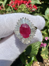 2.19 Carat Oval Cut Ruby and Baguette Diamond Halo Platinum Ballerina Ring