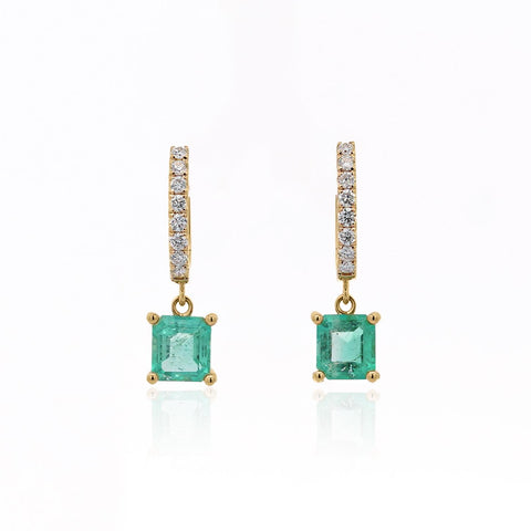 2.19 Carat Square Emerald & Diamond 18K Gold Dangling Huggie Earrings