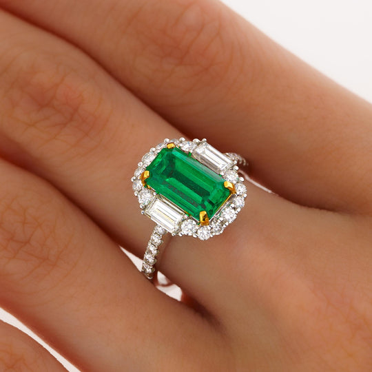 2.22 Carat Emerald Cut Natural 10MM Emerald & Baguette Diamond Ring