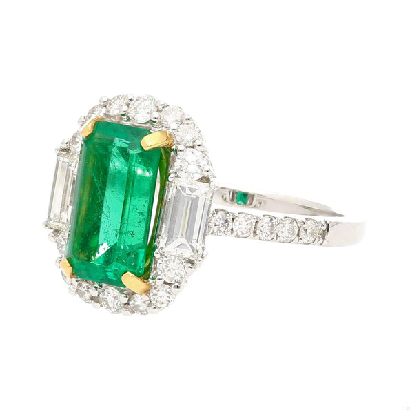 2.22 Carat Emerald Cut Natural 10MM Emerald & Baguette Diamond Ring