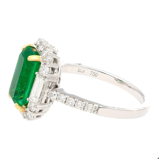 2.22 Carat Emerald Cut Natural 10MM Emerald & Baguette Diamond Ring