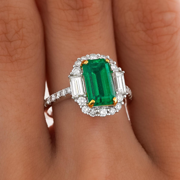 2.22 Carat Emerald Cut Natural 10MM Emerald & Baguette Diamond Ring