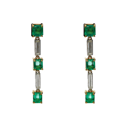 2.31 Carat Emerald & Baguette Diamond 18K Gold Drop Earrings