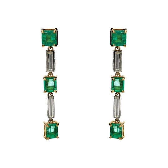2.31 Carat Emerald & Baguette Diamond 18K Gold Drop Earrings