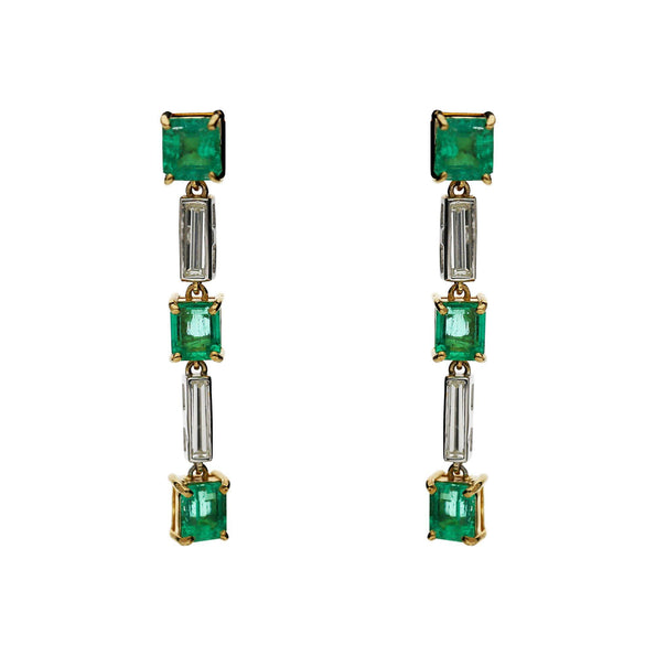 2.31 Carat Emerald & Baguette Diamond 18K Gold Drop Earrings