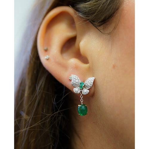 2.5 Carat Cabochon Cut Emerald and Diamond Butterfly Drop Earrings in 18K White Gold