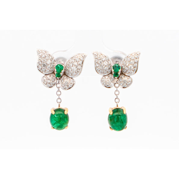 2.5 Carat Cabochon Cut Emerald and Diamond Butterfly Drop Earrings in 18K White Gold