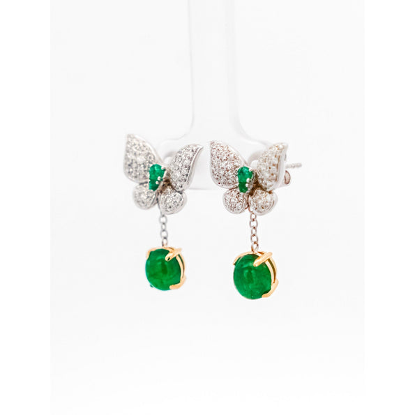 2.5 Carat Cabochon Cut Emerald and Diamond Butterfly Drop Earrings in 18K White Gold