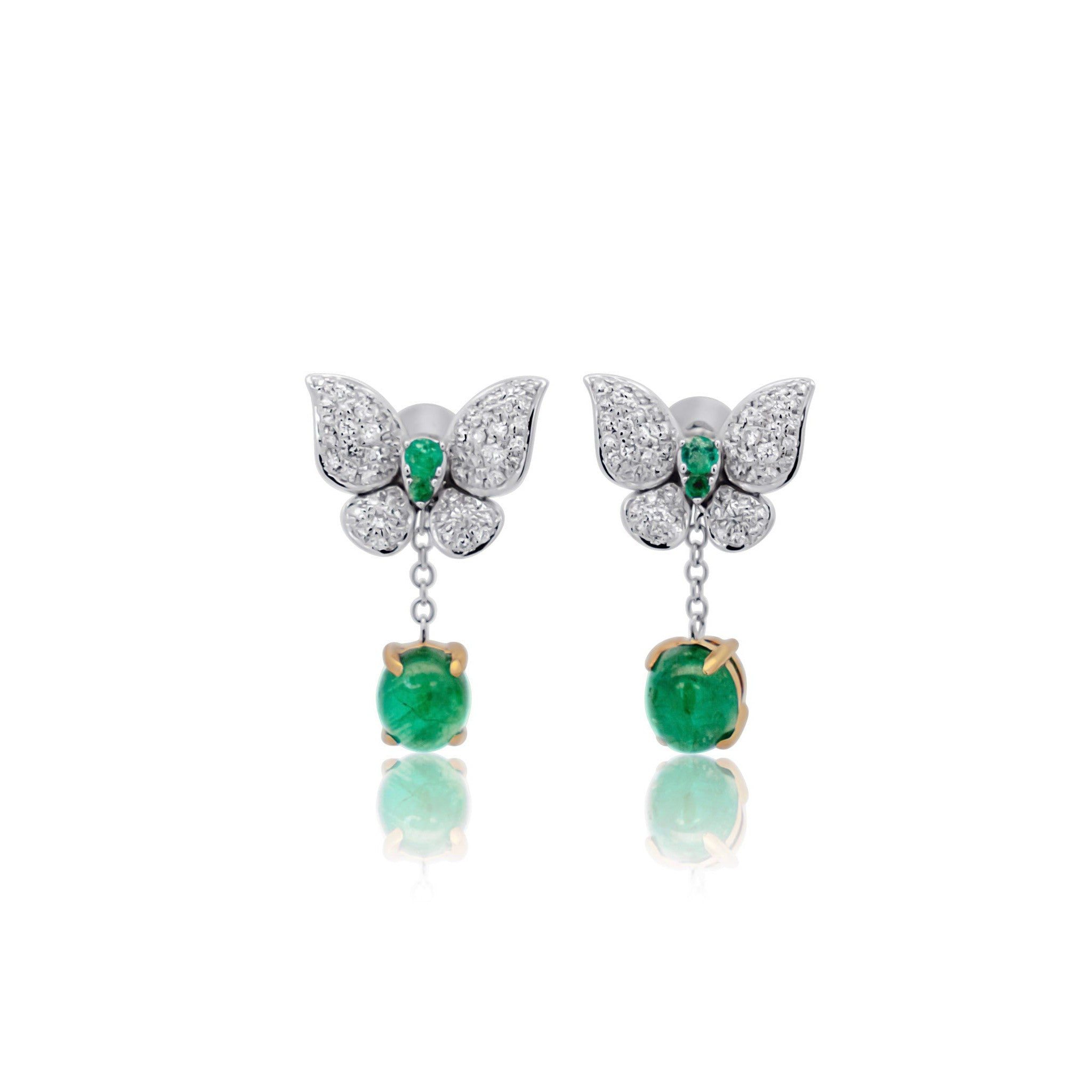 2.5 Carat Cabochon Cut Emerald and Diamond Butterfly Drop Earrings in 18K White Gold-Earrings-ASSAY