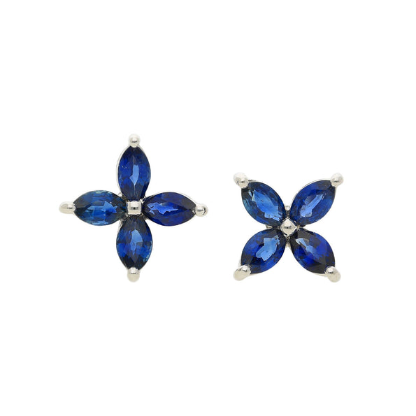 2.50 Carat Blue Sapphire Marquise Flower 18K White Gold Stud Earrings