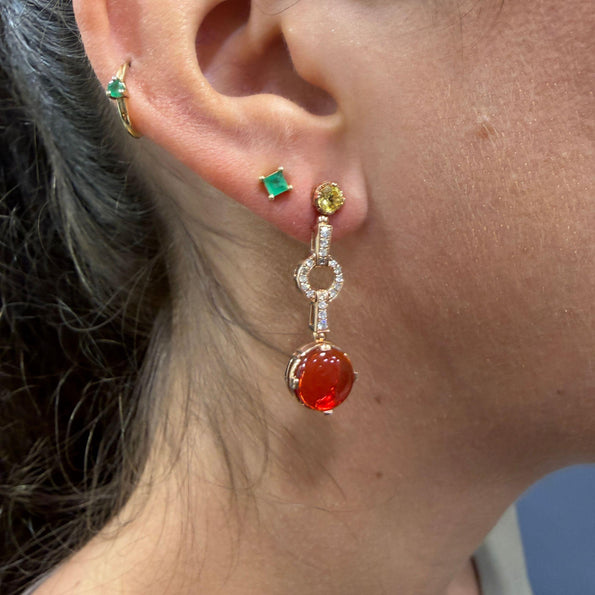 2.51 Carat Fire Opal, Yellow Sapphire, and Diamond 14K Rose Gold Drop Earring