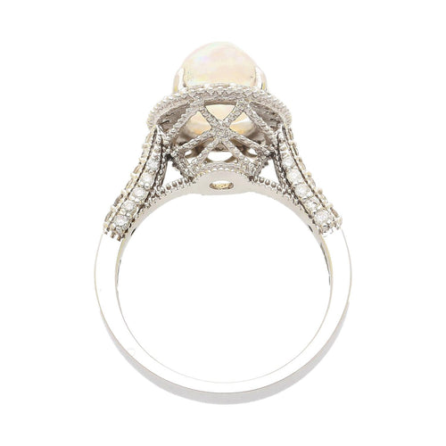 2.52 Carat Oval Opal & Diamond Halo 14K White Gold Cathedral Ring