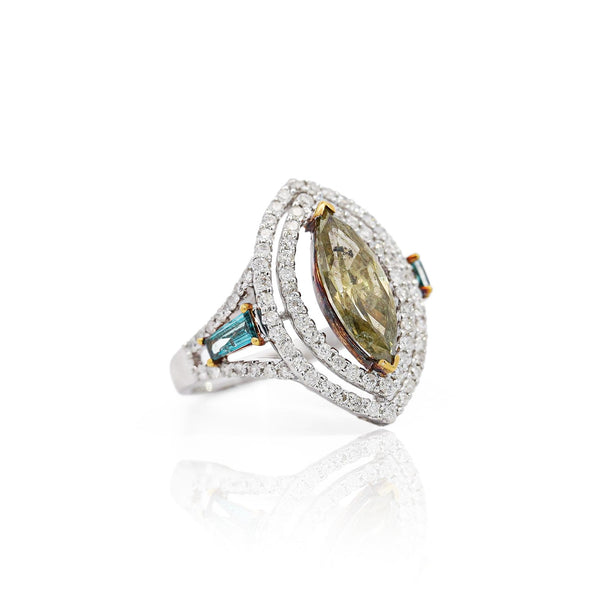 2.54 Carat Green Marquise & Blue Baguette Diamond Double Halo Openwork Ring