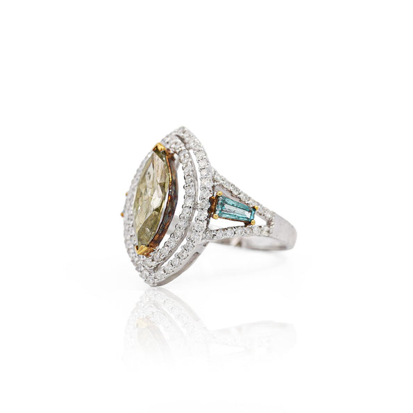 2.54 Carat Green Marquise & Blue Baguette Diamond Double Halo Openwork Ring