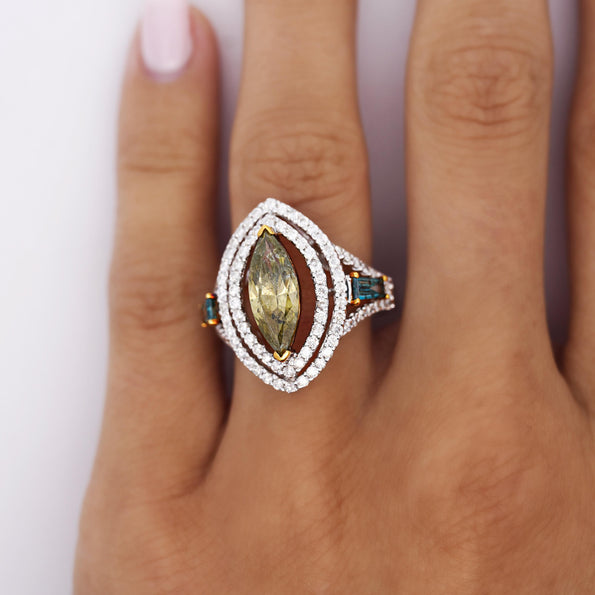 2.54 Carat Green Marquise & Blue Baguette Diamond Double Halo Openwork Ring