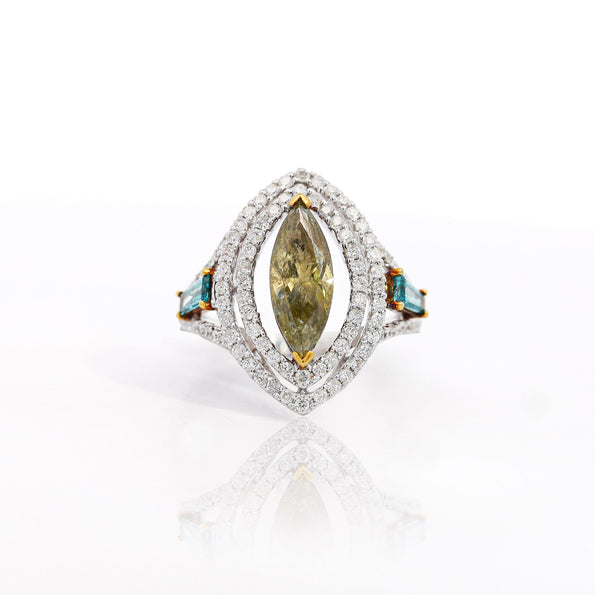 2.54 Carat Green Marquise & Blue Baguette Diamond Double Halo Openwork Ring