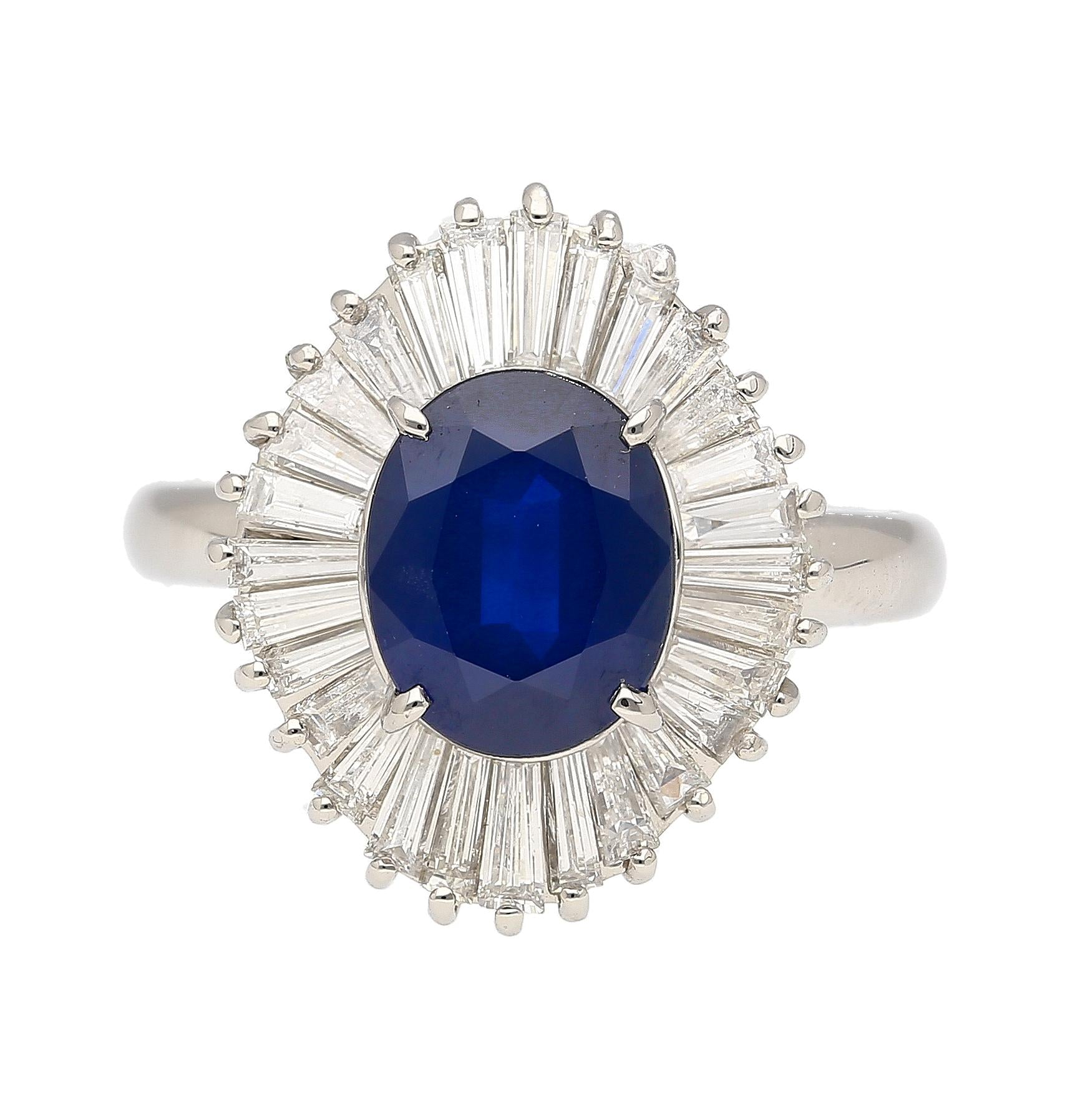 2.58 Carat Oval Cut Blue Sapphire and Diamond Halo Platinum Ballerina Ring