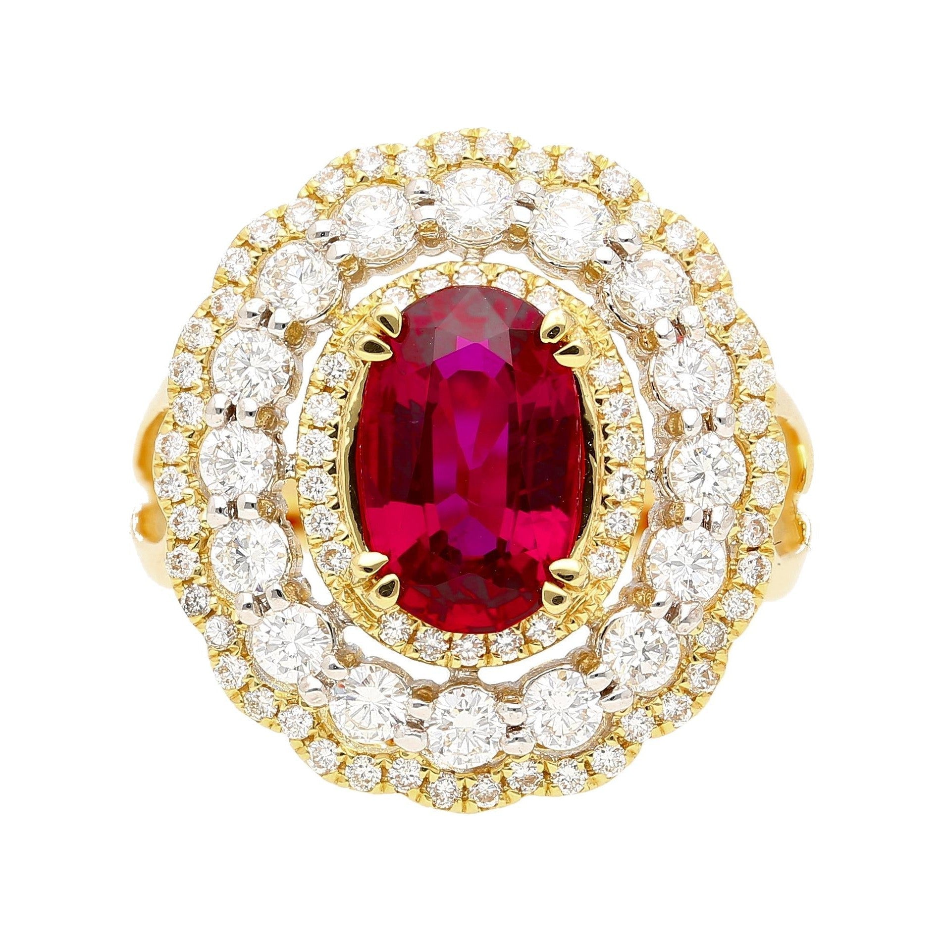 2.58 Carat Oval Thai Ruby & Triple Diamond Halo Retro Wide Frame Ring