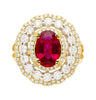 2.58 Carat Oval Thai Ruby & Triple Diamond Halo Retro Wide Frame Ring