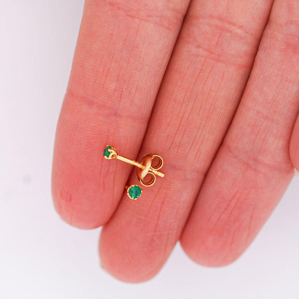 2.5mm Tiny Natural Emerald Round Stud Earrings 14K Gold Plated Silver