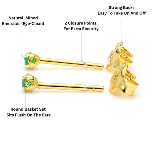 2.5mm Tiny Natural Emerald Round Stud Earrings 14K Gold Plated Silver