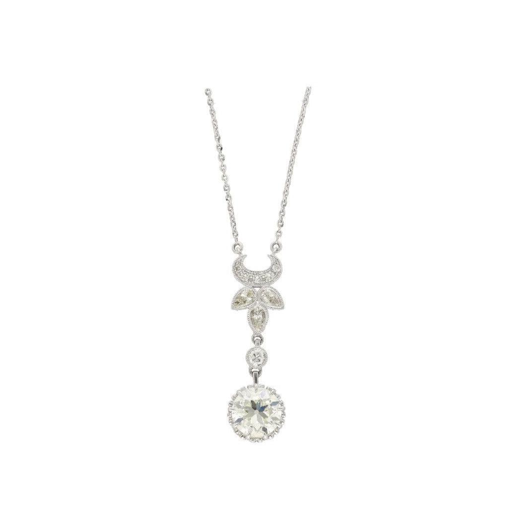 2.60 Carat Old European Cut Diamond Antique Retro Style Pendant Drop Necklace in 18K-Necklace-ASSAY