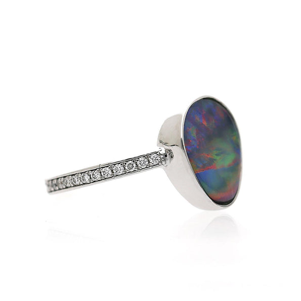 2.70 Carat Black Opal Freeform Shape Bezel Set 18K White Gold Ring