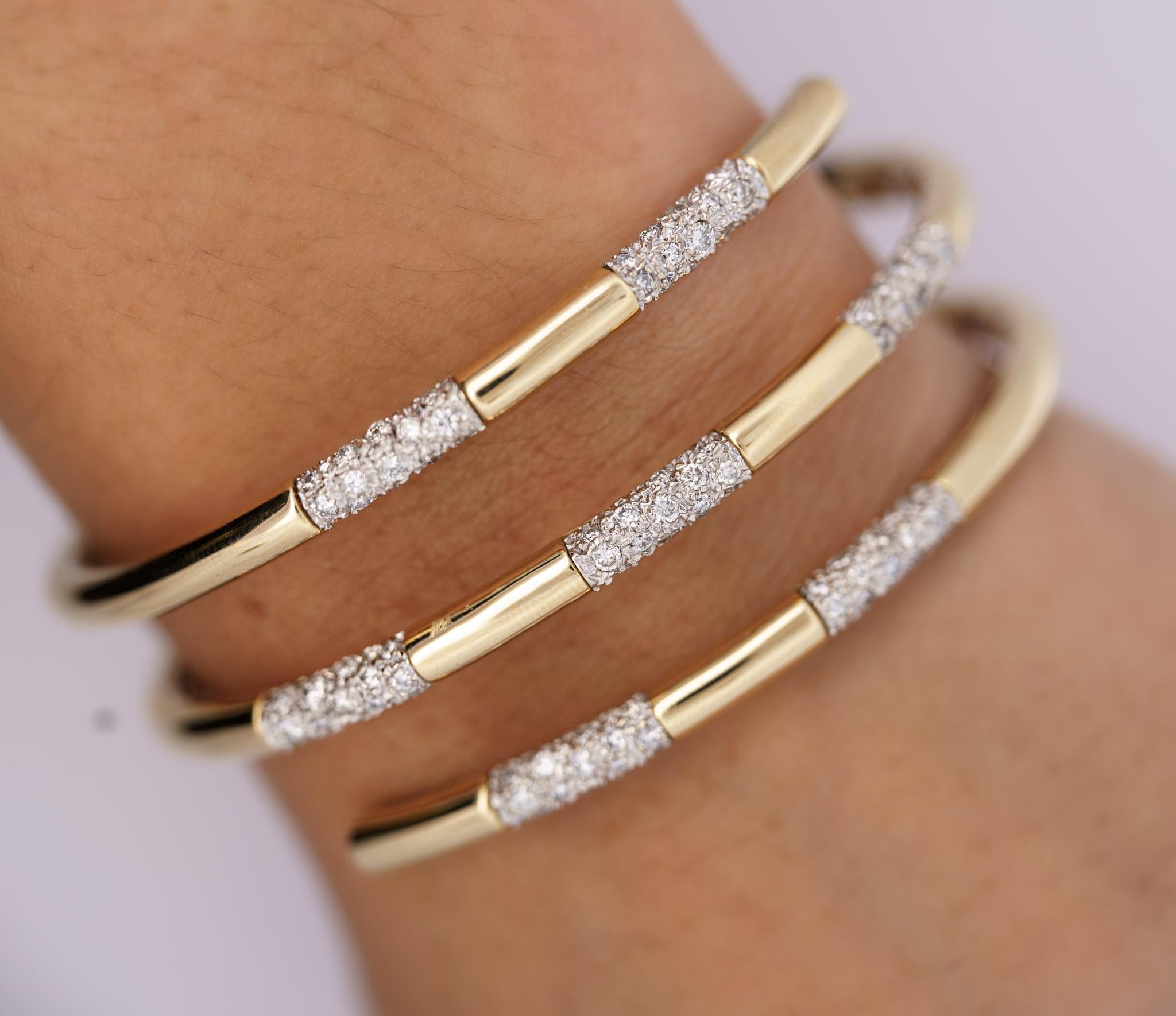 2.75 Carat Diamond 3-Row Curved 14K Gold Bangle Bracelet