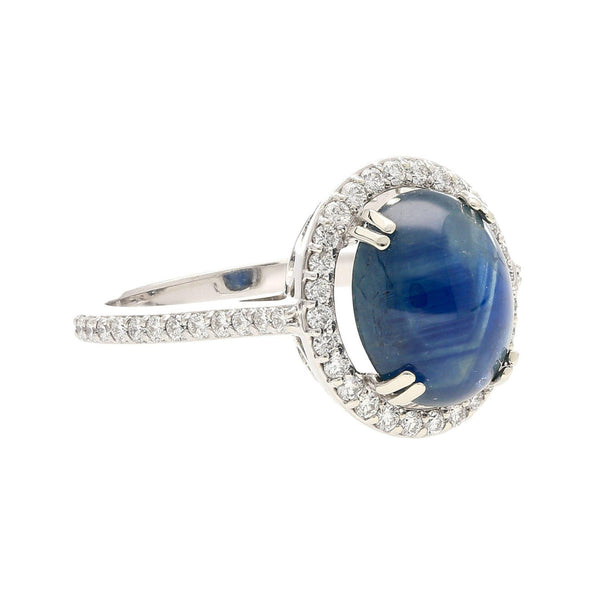 2.80 Carat Oval Cabochon Blue Star Sapphire and Diamond Halo Ring