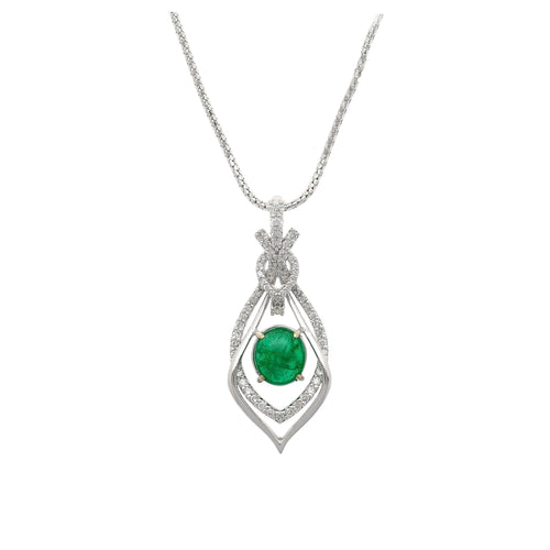 2.81 Carat Cabochon Emerald and Diamond Nouveau Pendant Necklace