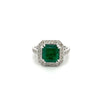 3 Carat Colombian Emerald in 18K White Gold Ring & Round Cut Diamond Halo