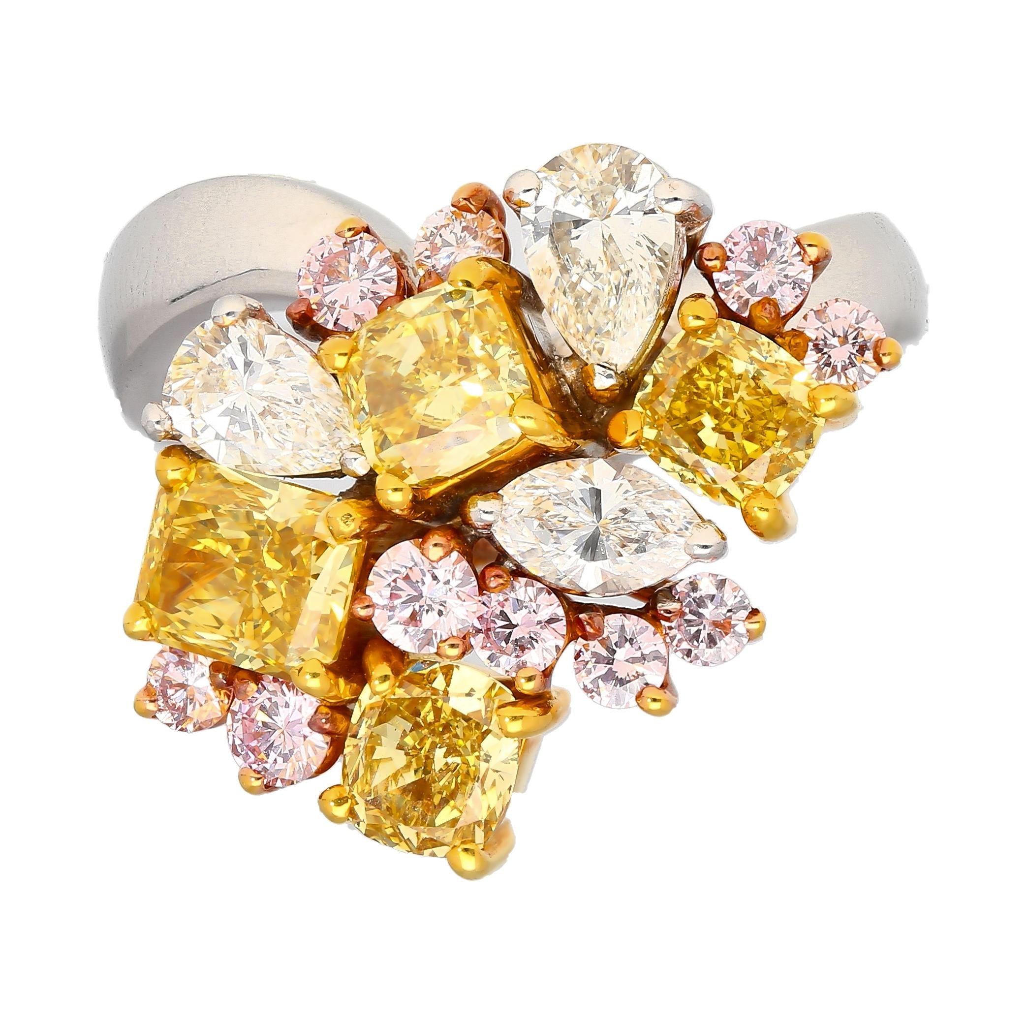 3 Carat Pink, Yellow, White Multi Cut Diamond Cluster Platinum And 18K Gold Ring