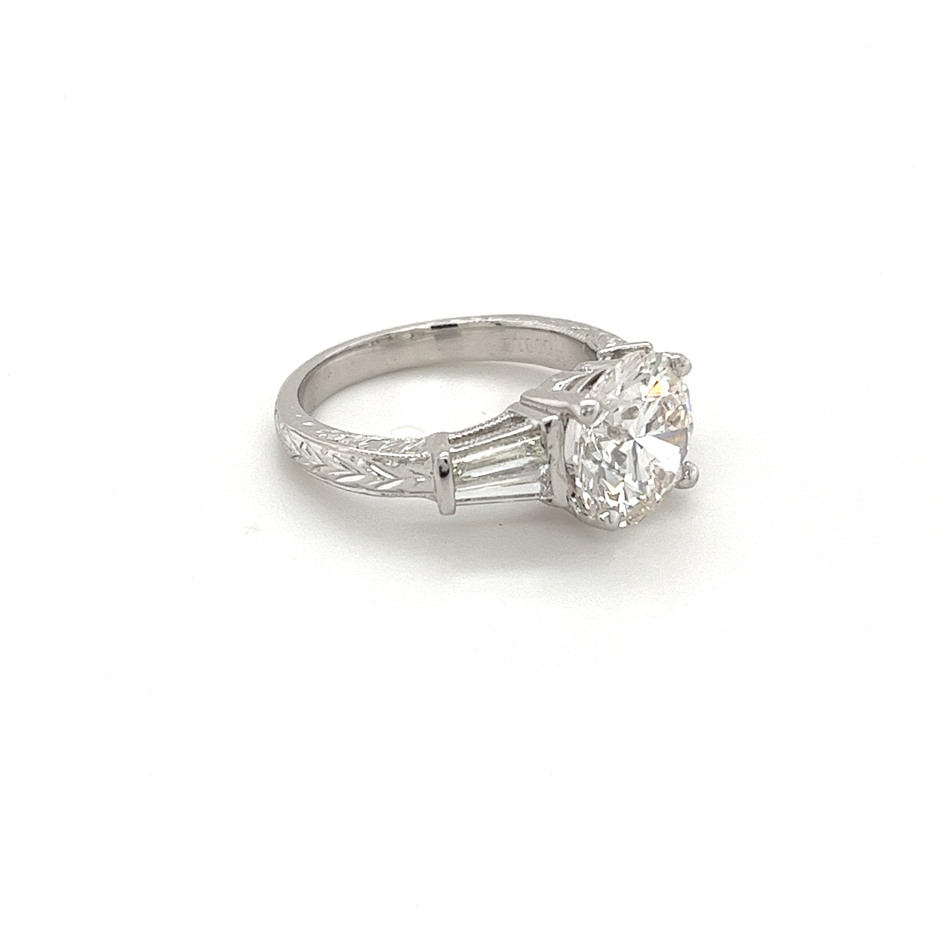 3 Carat Round Lab Grown Diamond With Baguette Diamond Side Stones in Vintage Platinum Ring