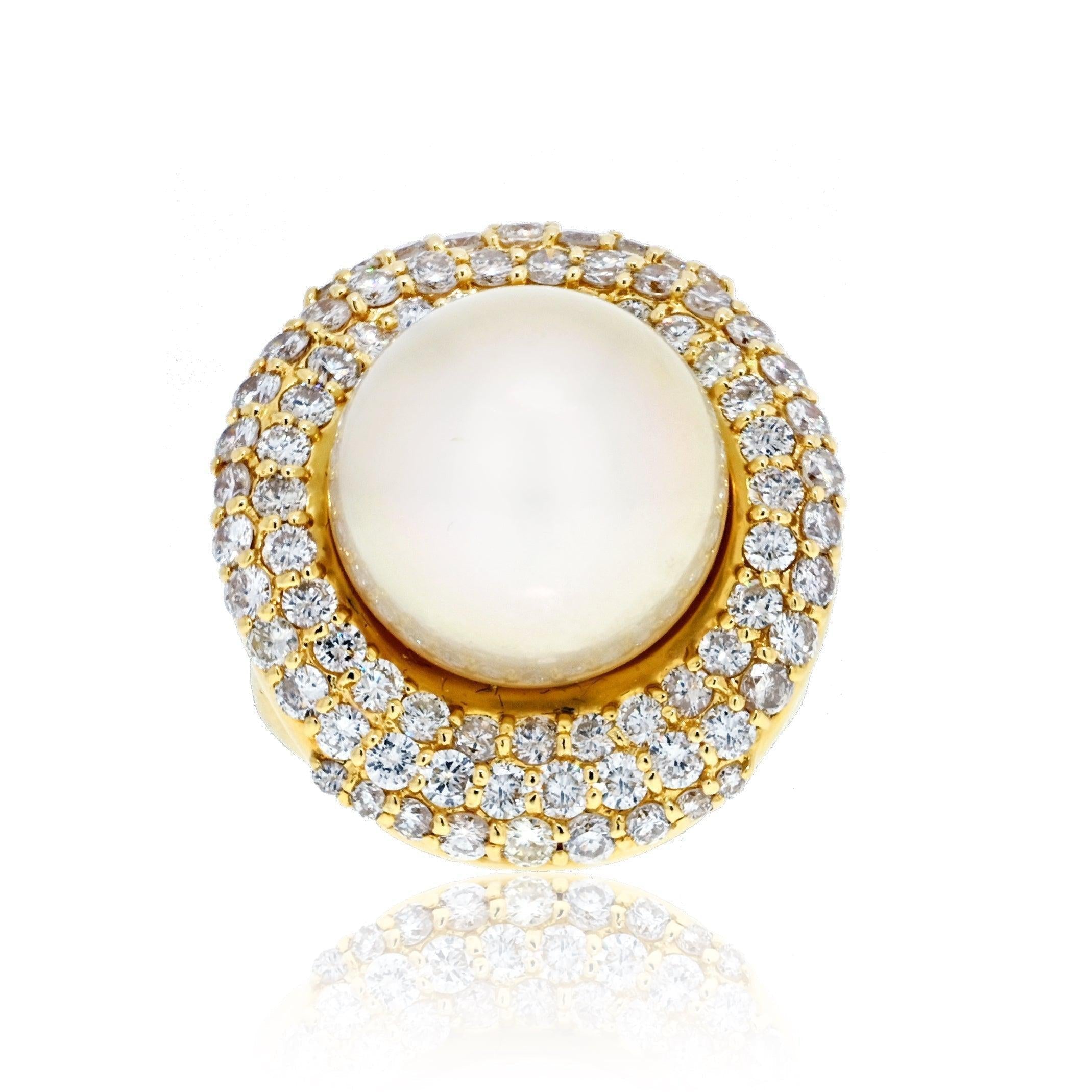 3 Carat South Sea Freshwater Pearl and Diamond 18K Yellow Gold Cocktail Ring - ASSAY