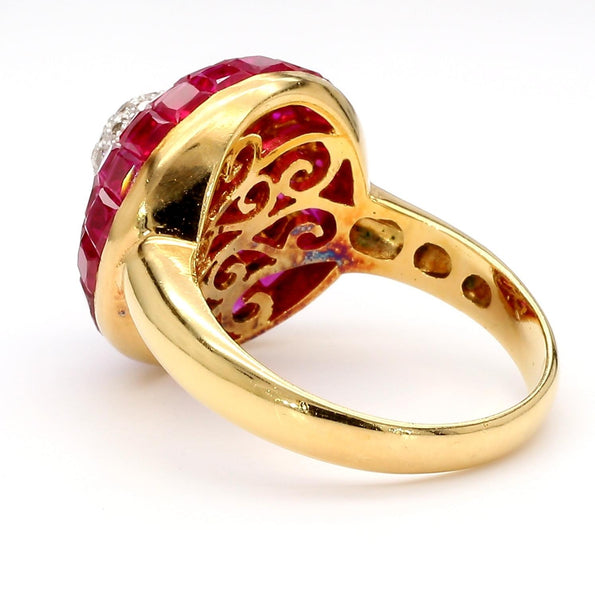 3 Carat Square Ruby and Diamond 18K Gold Button Cocktail Ring