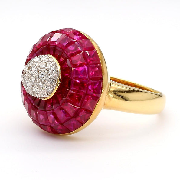 3 Carat Square Ruby and Diamond 18K Gold Button Cocktail Ring