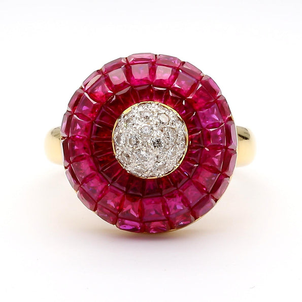 3 Carat Square Ruby and Diamond 18K Gold Button Cocktail Ring