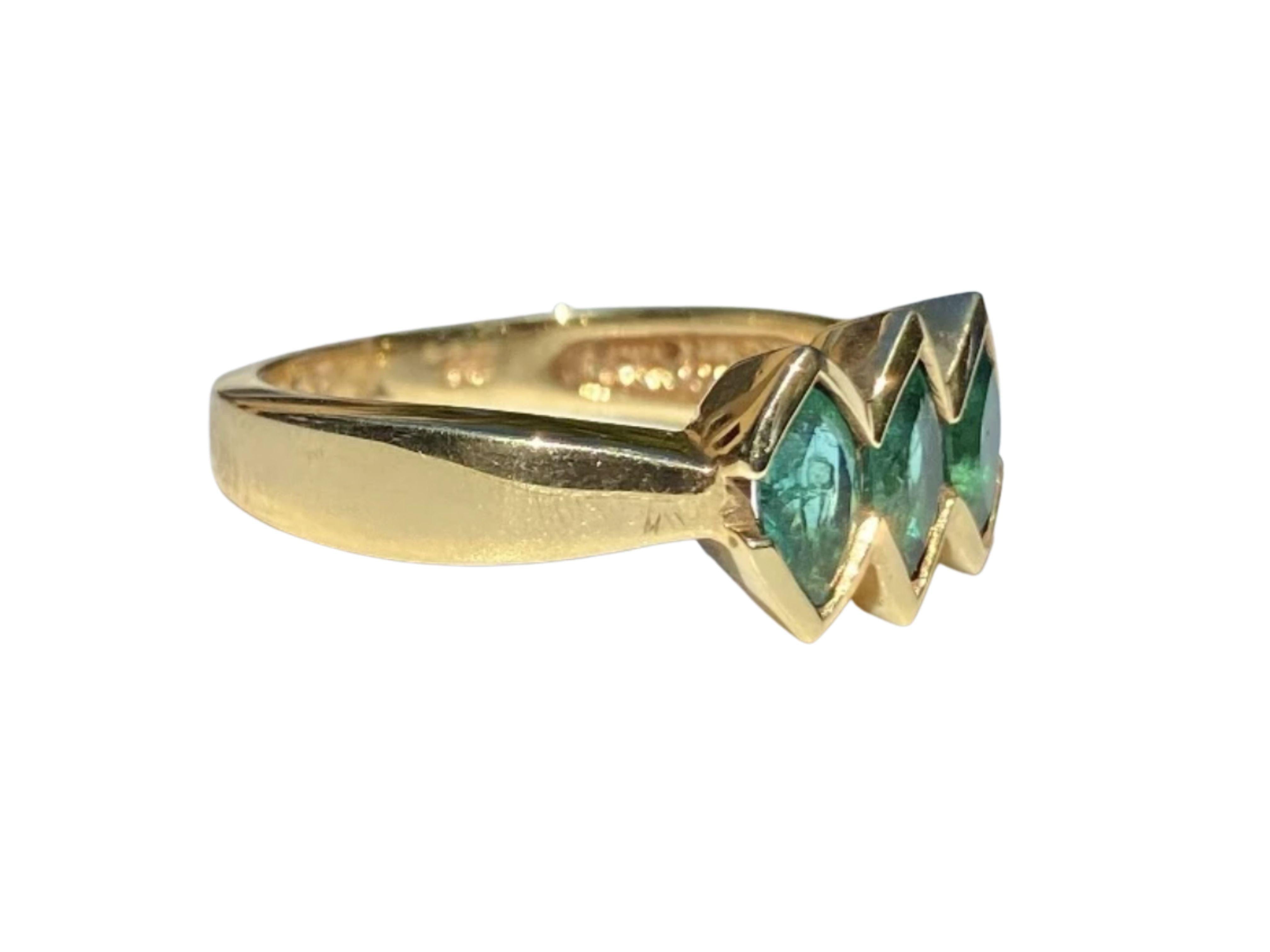 3-Stone Marquise Cut Emerald in 14k Solid Yellow Gold Ring - ASSAY