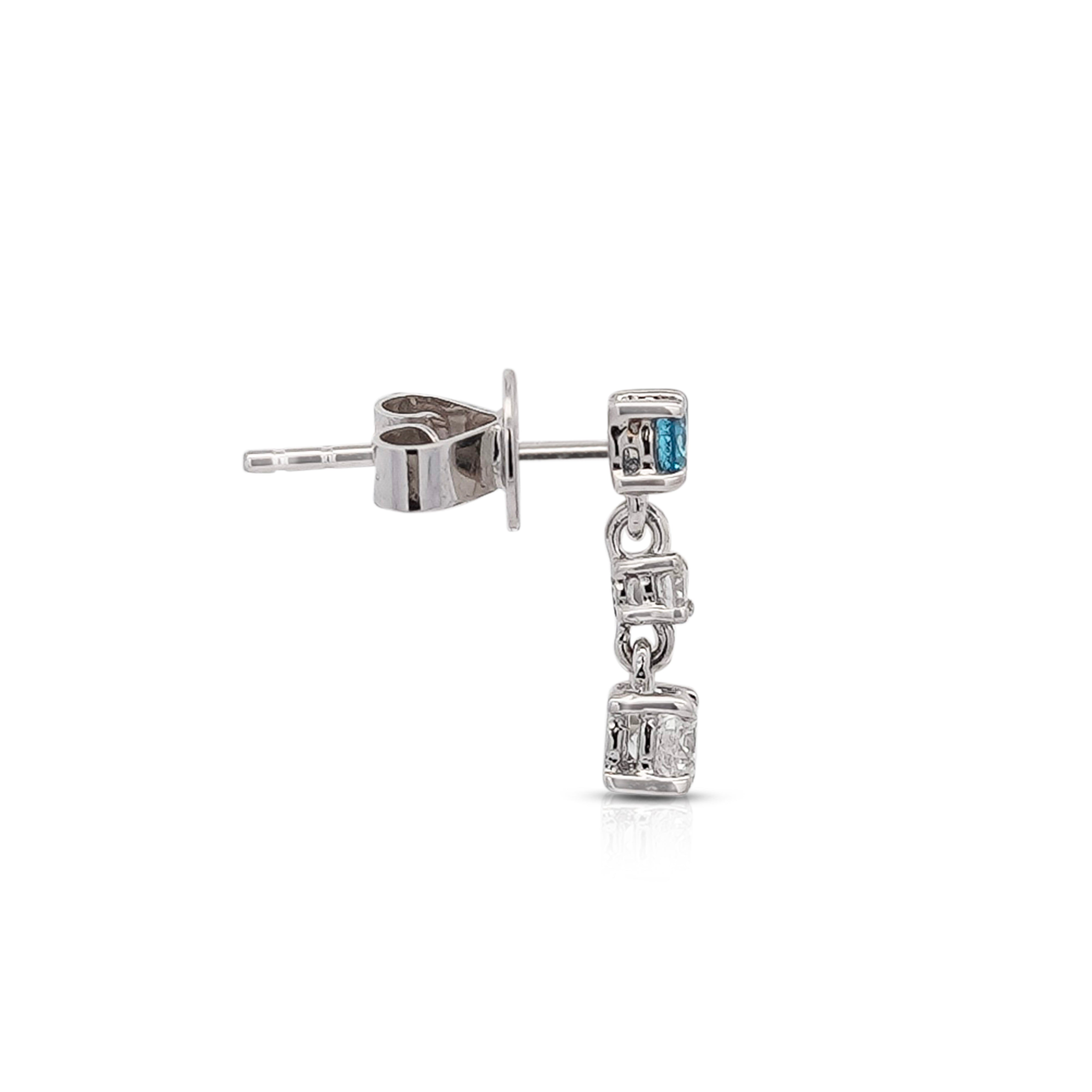 3 Stone Round Cut Natural Blue and White Diamond Drop Earrings In 18K White Gold-Earrings-ASSAY